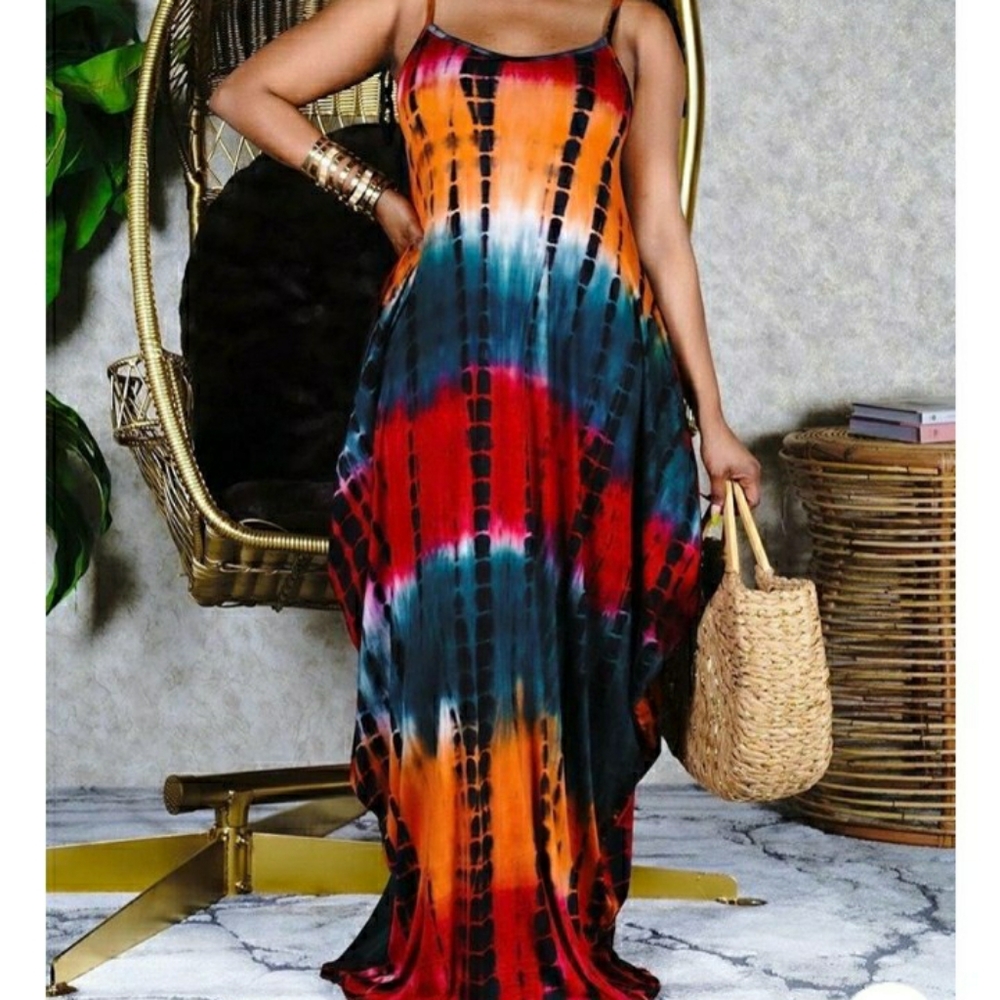 Spaghetti strap Tie dye print Maxi dress